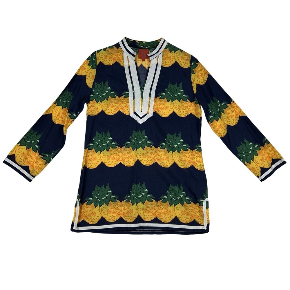 Tracy Negoshian Pineapple Print Tunic Top Navy Blue Cotton Womens Small‎